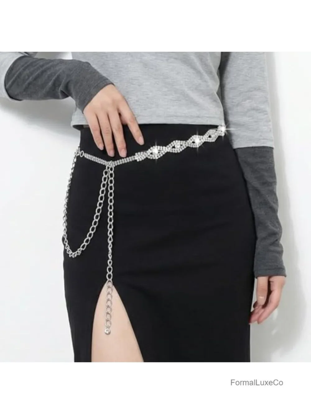 Rhinestone Belt for Formal Dress Adjustable Silver Chain Belt